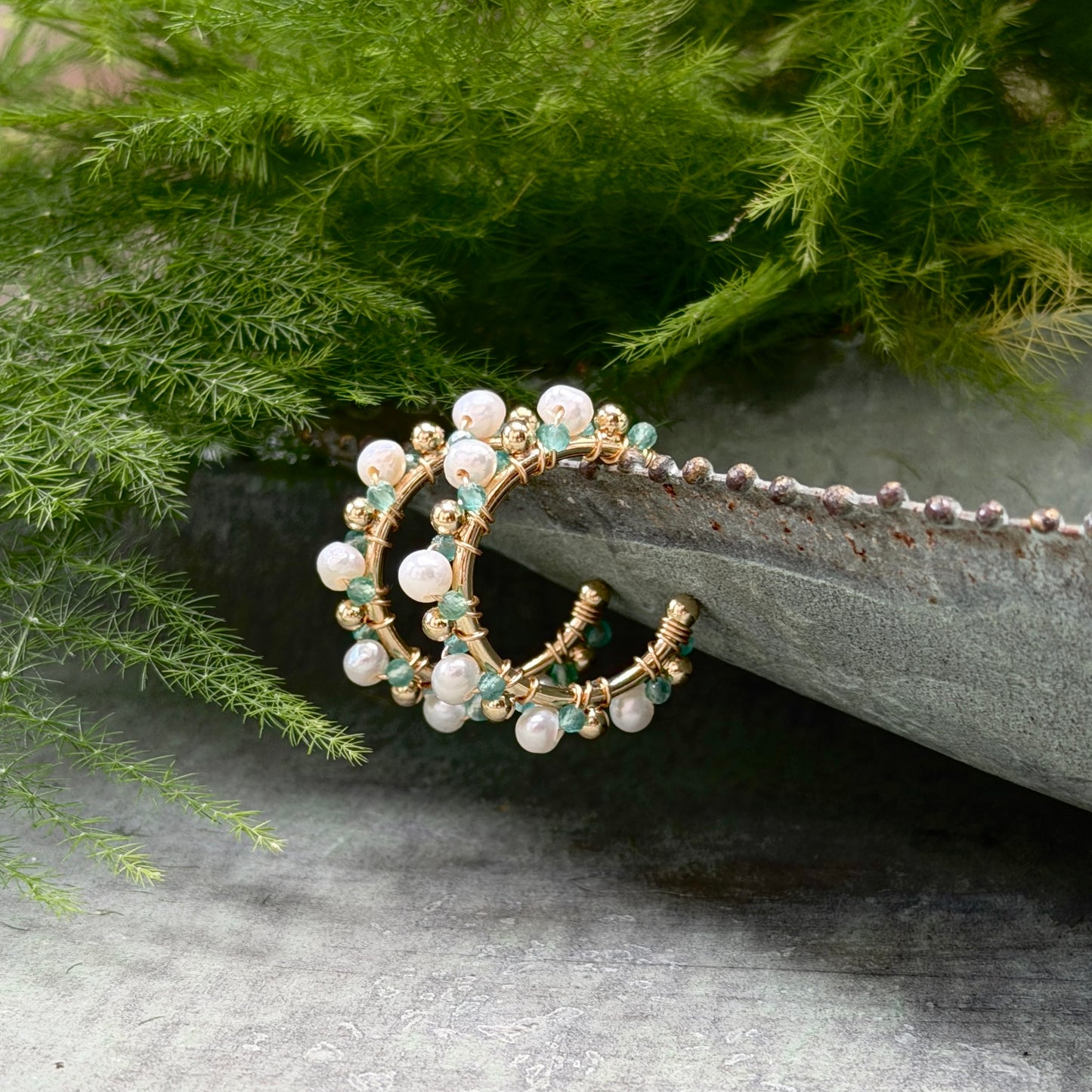 Pearl & Green Jade Mini Bobble Hoop Beaded Earrings