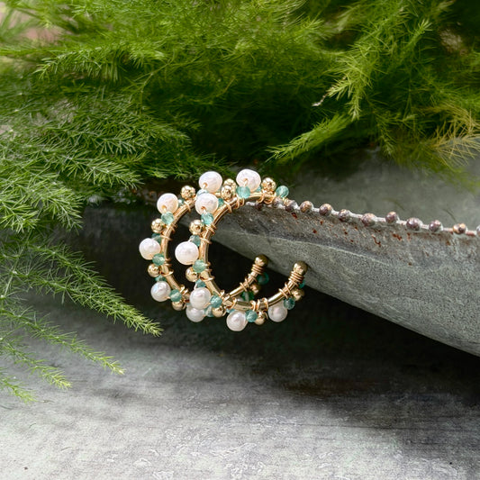 Pearl & Green Jade Mini Bobble Hoop Beaded Earrings