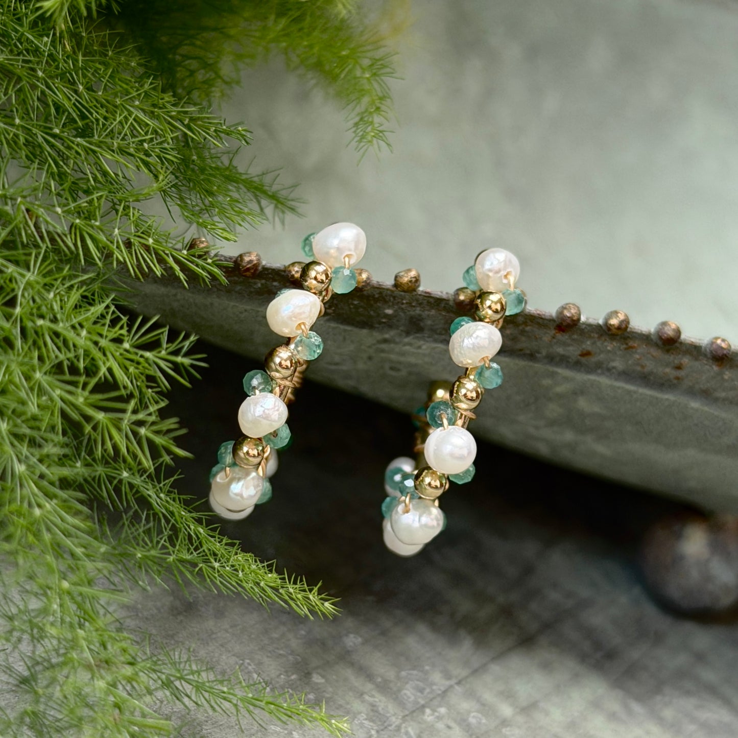 Pearl & Green Jade Mini Bobble Hoop Beaded Earrings