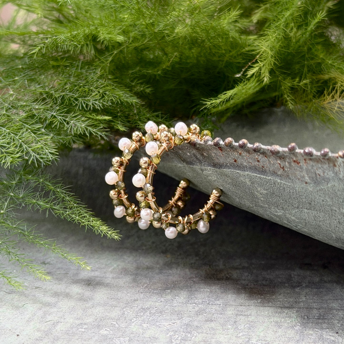 Pearl & Olive Green Peridot Mini Bobble Hoop Beaded Earrings