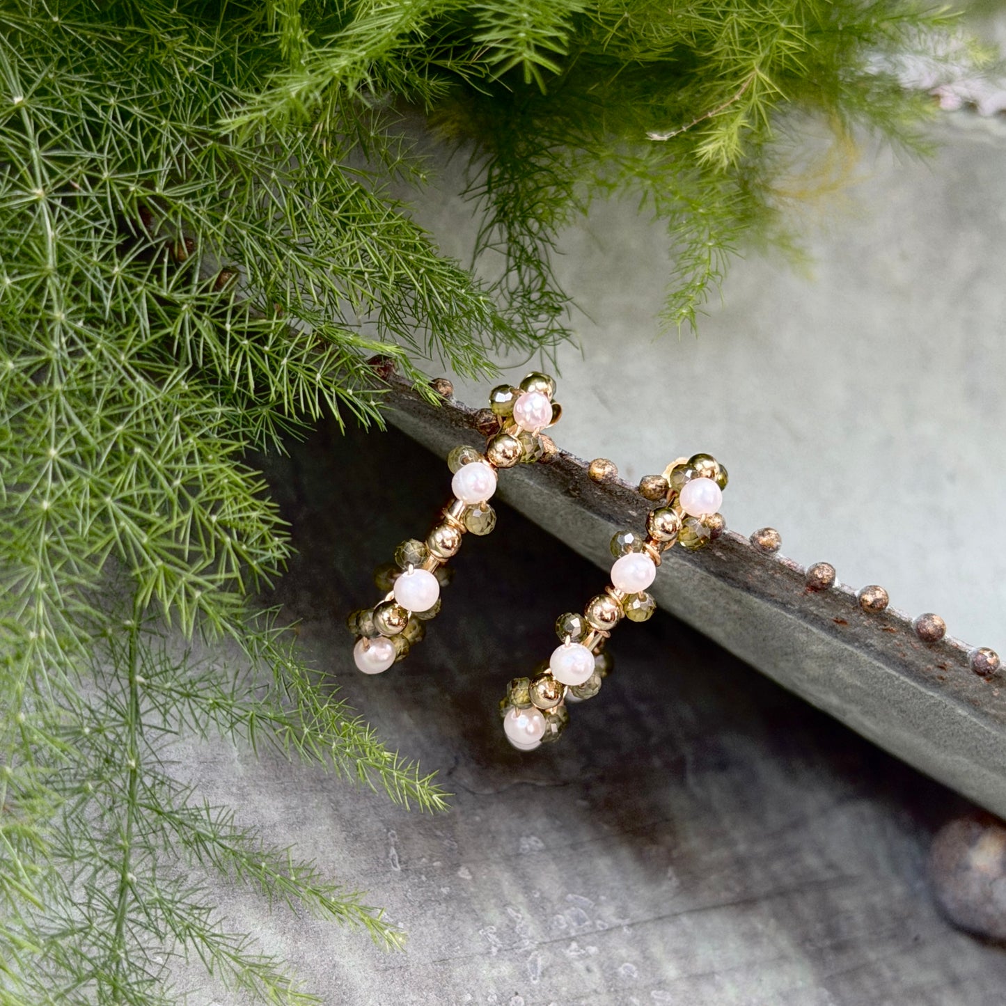 Pearl & Olive Green Peridot Mini Bobble Hoop Beaded Earrings