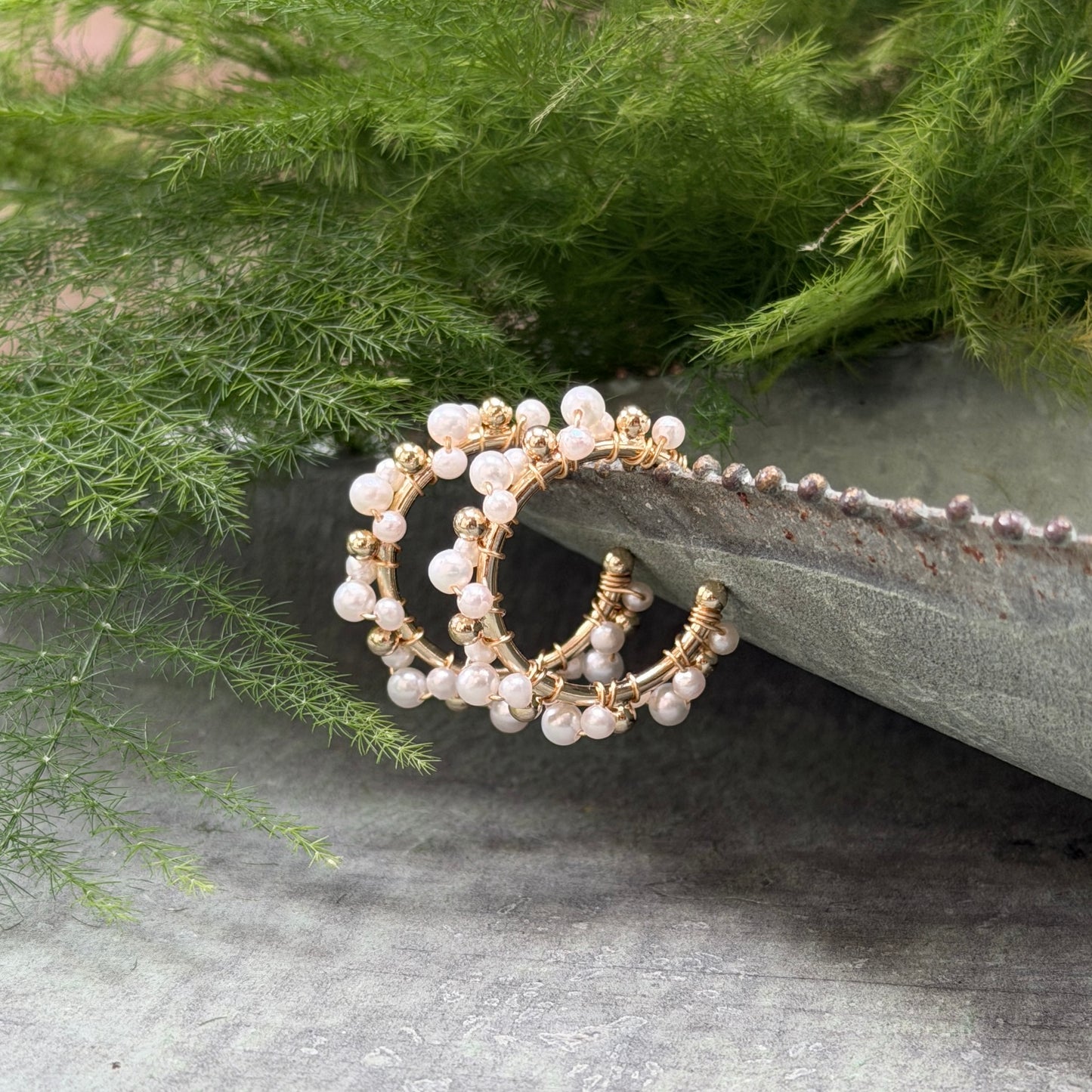 Pearl & Pearl Mini Bobble Hoop Beaded Earrings