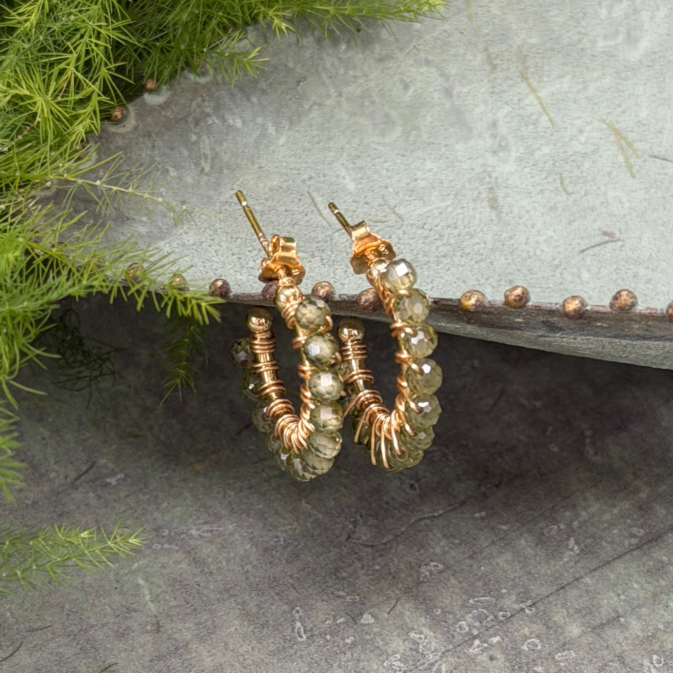Chunky Olive Peridot Mini Hoop Beaded Earrings