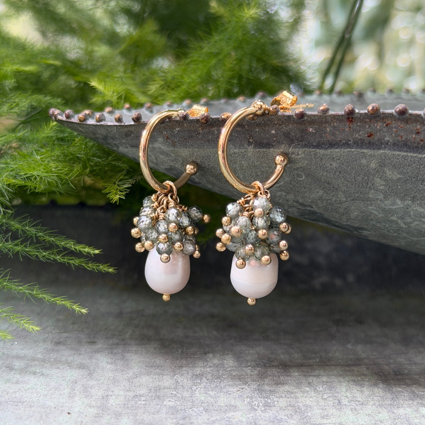 Mini Hoop Earrings With Ibiza Pearl & Sage Green Quartz Drops