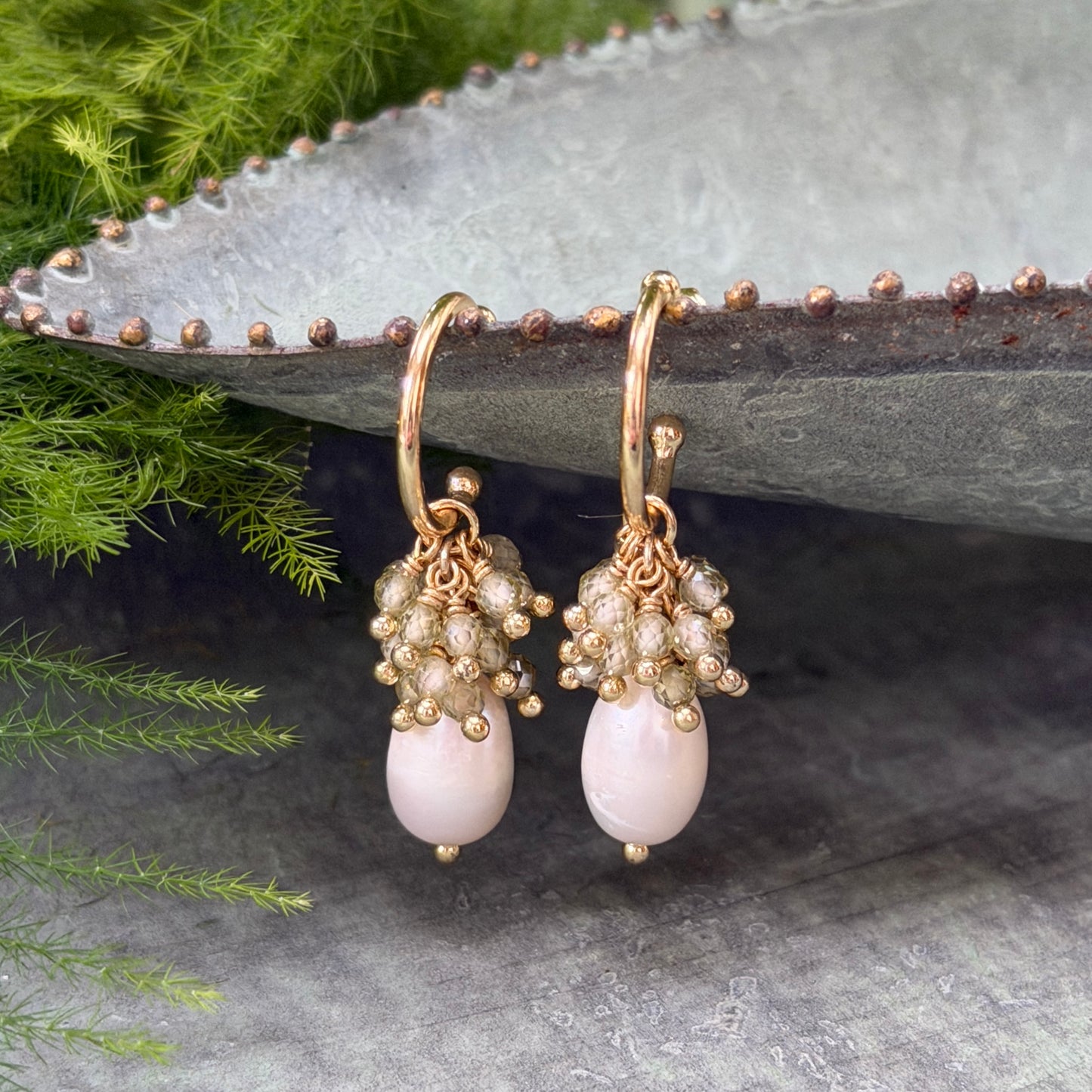 Mini Hoop Earrings With Ibiza Pearl & Pale Olive Green Peridot Drops