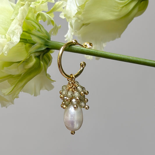 Mini Hoop Earrings With Ibiza Pearl & Pale Olive Green Peridot Drops