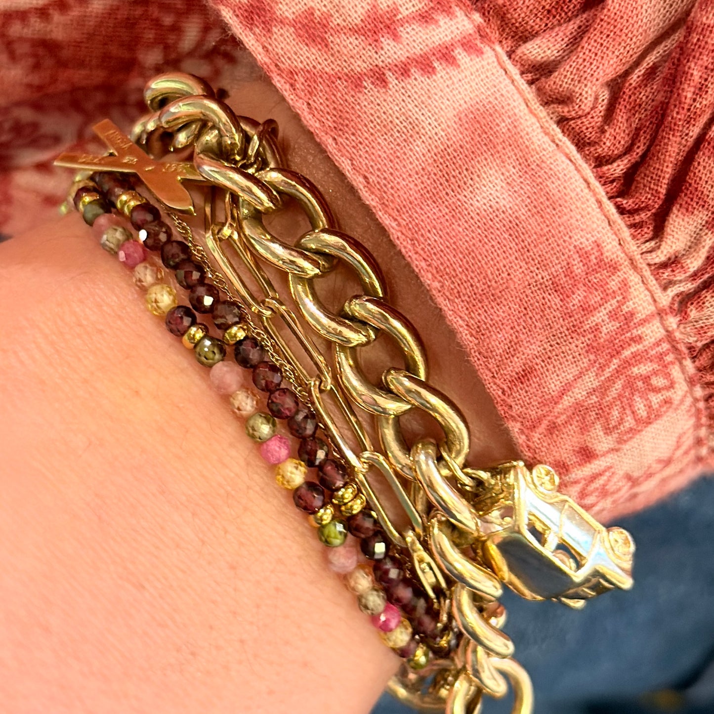 Burgundy Garnet & Gold Nugget Stretchy Gemstone Bracelet