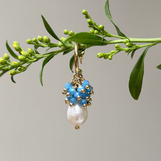 Mini Hoop Earrings With Ibiza Pearl & Dark Cornflower Blue Kyanite Drops