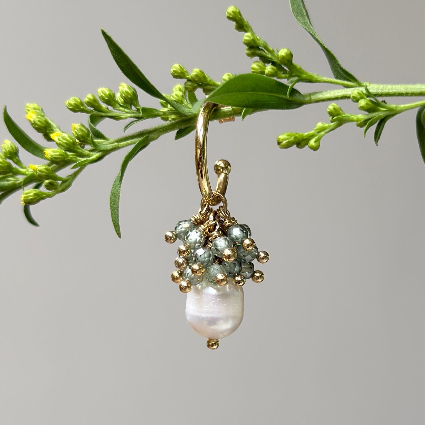 Mini Hoop Earrings With Ibiza Pearl & Sage Green Quartz Drops