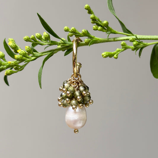 Mini Hoop Earrings With Ibiza Pearl & Olive Green Peridot Drops