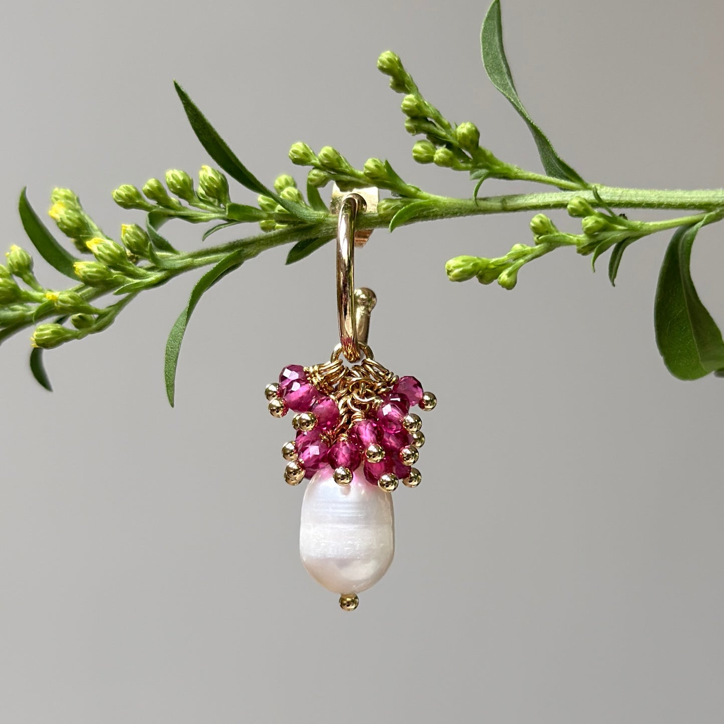 Mini Hoop Earrings With Ibiza Pearl & Pink Garnet Drops