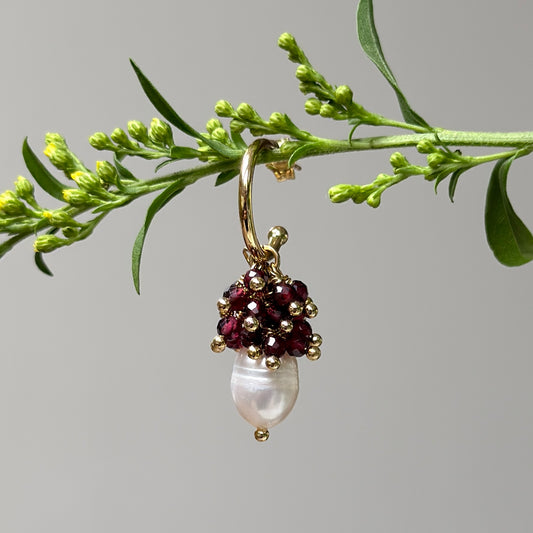 Mini Hoop Earrings With Ibiza Pearl & Burgundy Garnet Drops