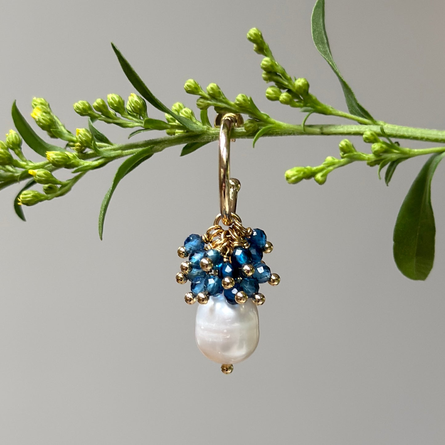 Mini Hoop Earrings With Ibiza Pearl & Topaz Blue Azurite Drops