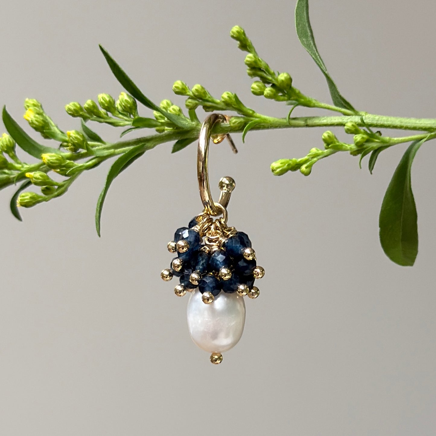 Mini Hoop Earrings With Ibiza Pearl & Dark Denim Blue Iolite Drops