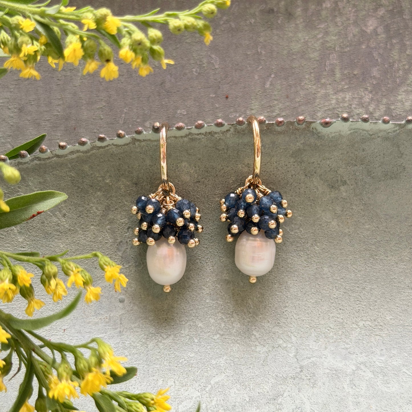 Mini Hoop Earrings With Ibiza Pearl & Dark Denim Blue Iolite Drops