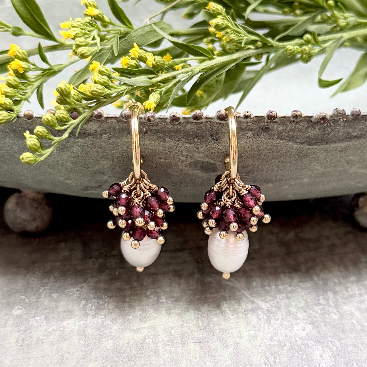 Mini Hoop Earrings With Ibiza Pearl & Burgundy Garnet Drops