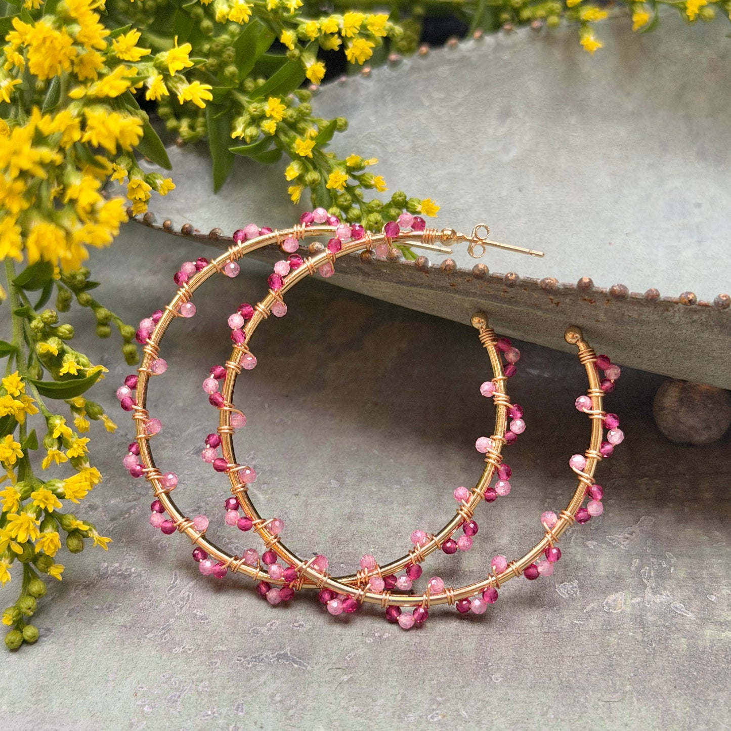 Candy Pink & Fuchsia Pink Garnet Swirl Wrapped Maxi Hoop Earrings