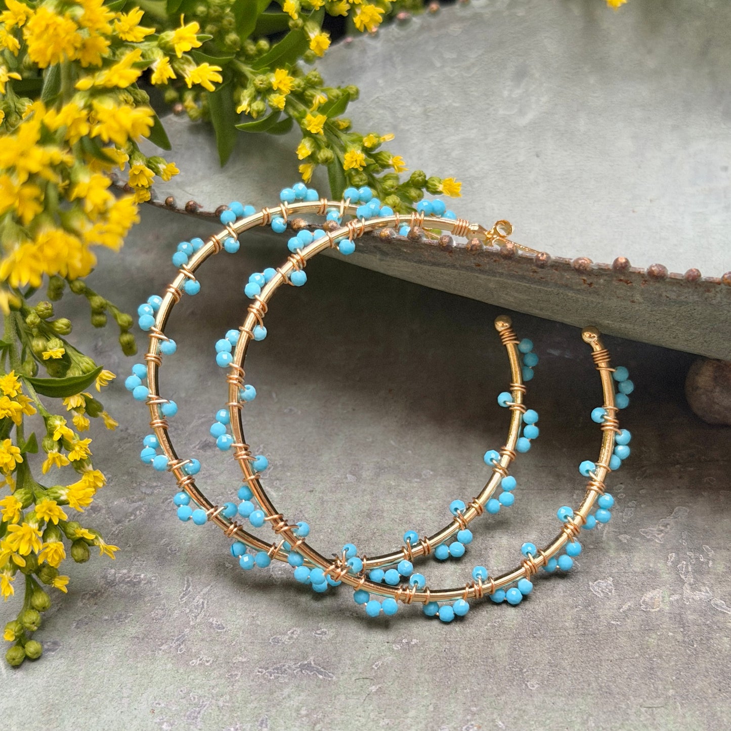 Sky Blue Swirl Wrapped Maxi Hoop Beaded Earrings