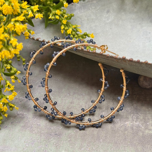 Denim Blue Iolite Swirl Wrapped Maxi Hoop Earrings