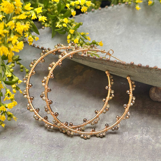 Olive Green Peridot & Pyrite Swirl Wrapped Maxi Hoop Earrings