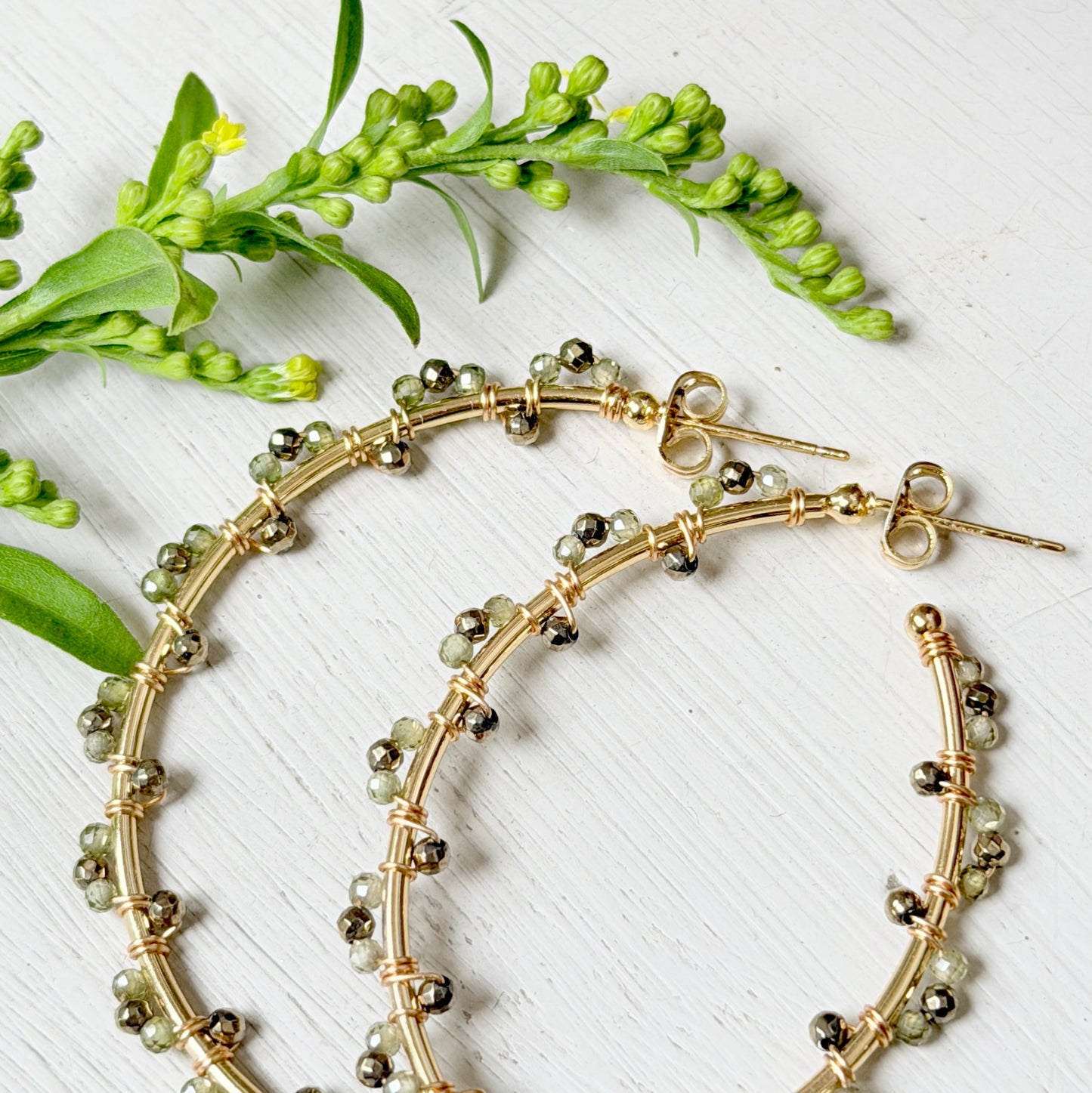 Olive Green Peridot & Pyrite Swirl Wrapped Maxi Hoop Earrings