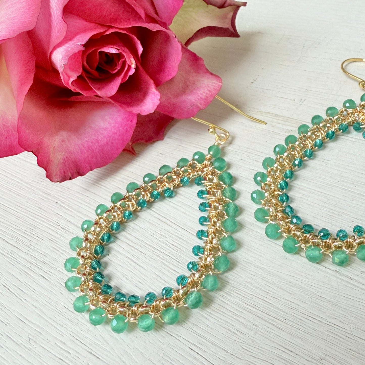 Apple Green Jade & Teal Quartz Large Rolo Teardrop Beaded Earrings