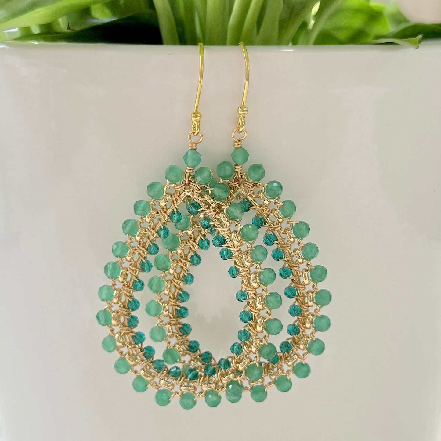 Apple Green Jade & Teal Quartz Large Rolo Teardrop Beaded Earrings