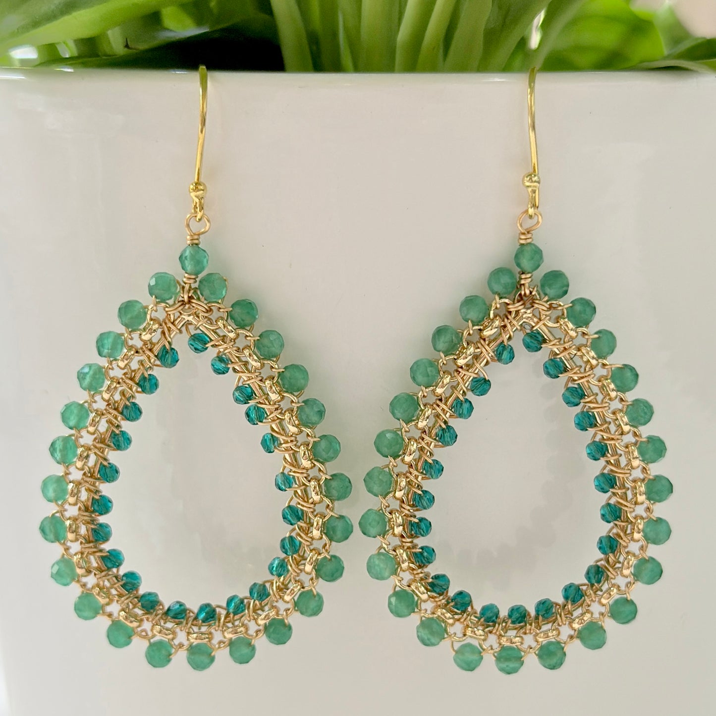Apple Green Jade & Teal Quartz Large Rolo Teardrop Beaded Earrings