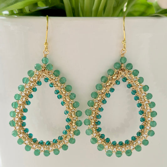 Apple Green Jade & Teal Quartz Large Rolo Teardrop Beaded Earrings