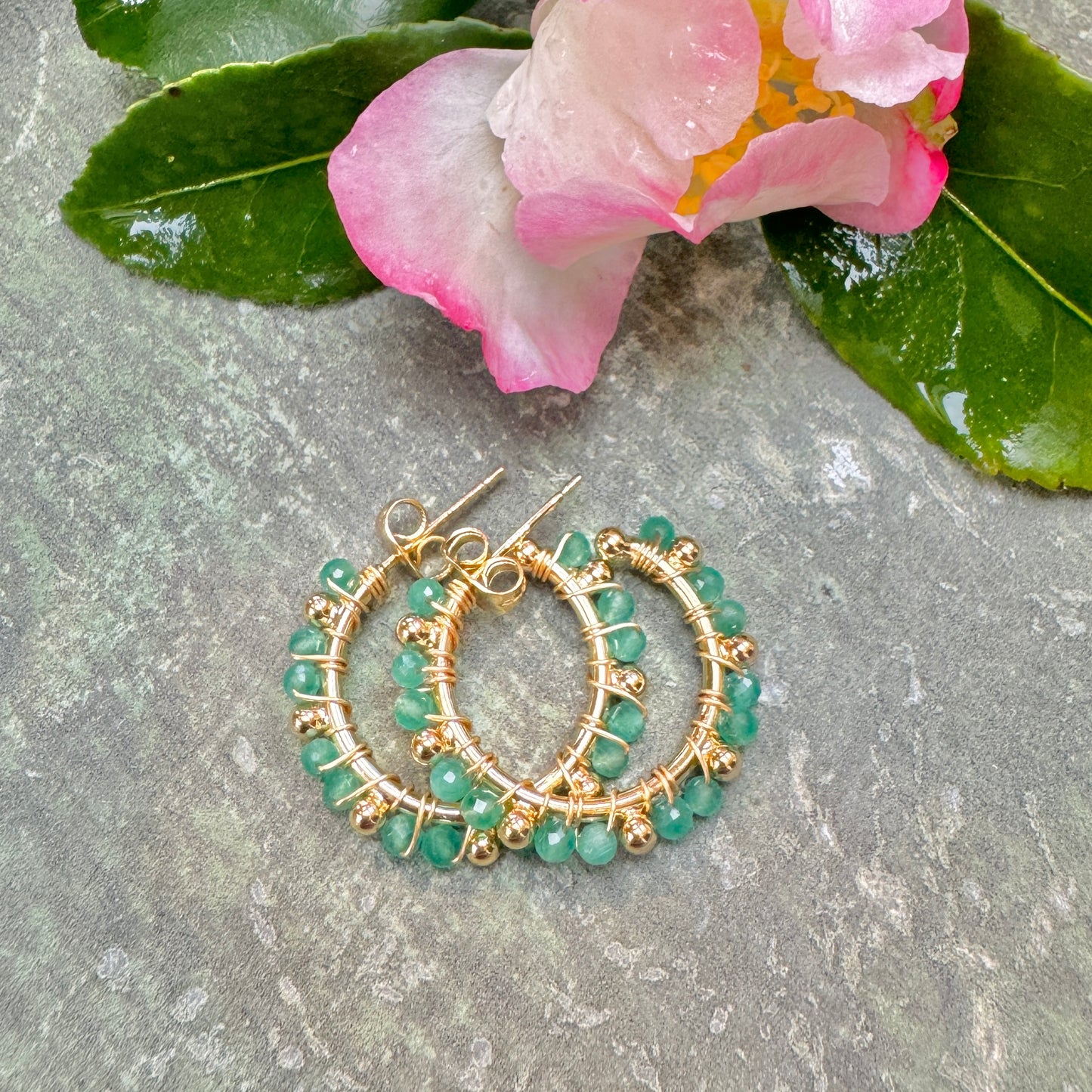 Mint Green Jade Mini Bobble Hoop Beaded Earrings
