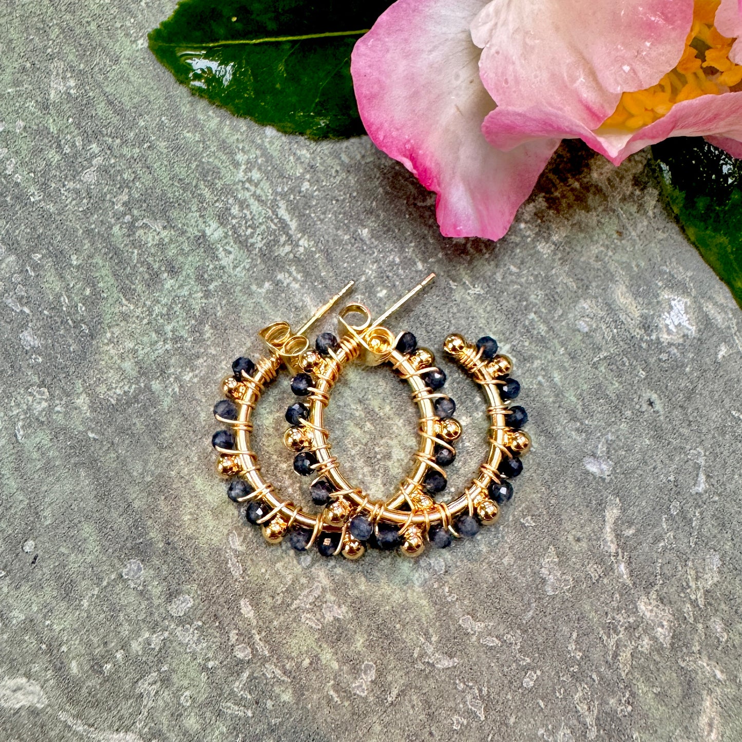 Dark Denim Iolite Mini Bobble Hoop Beaded Earrings