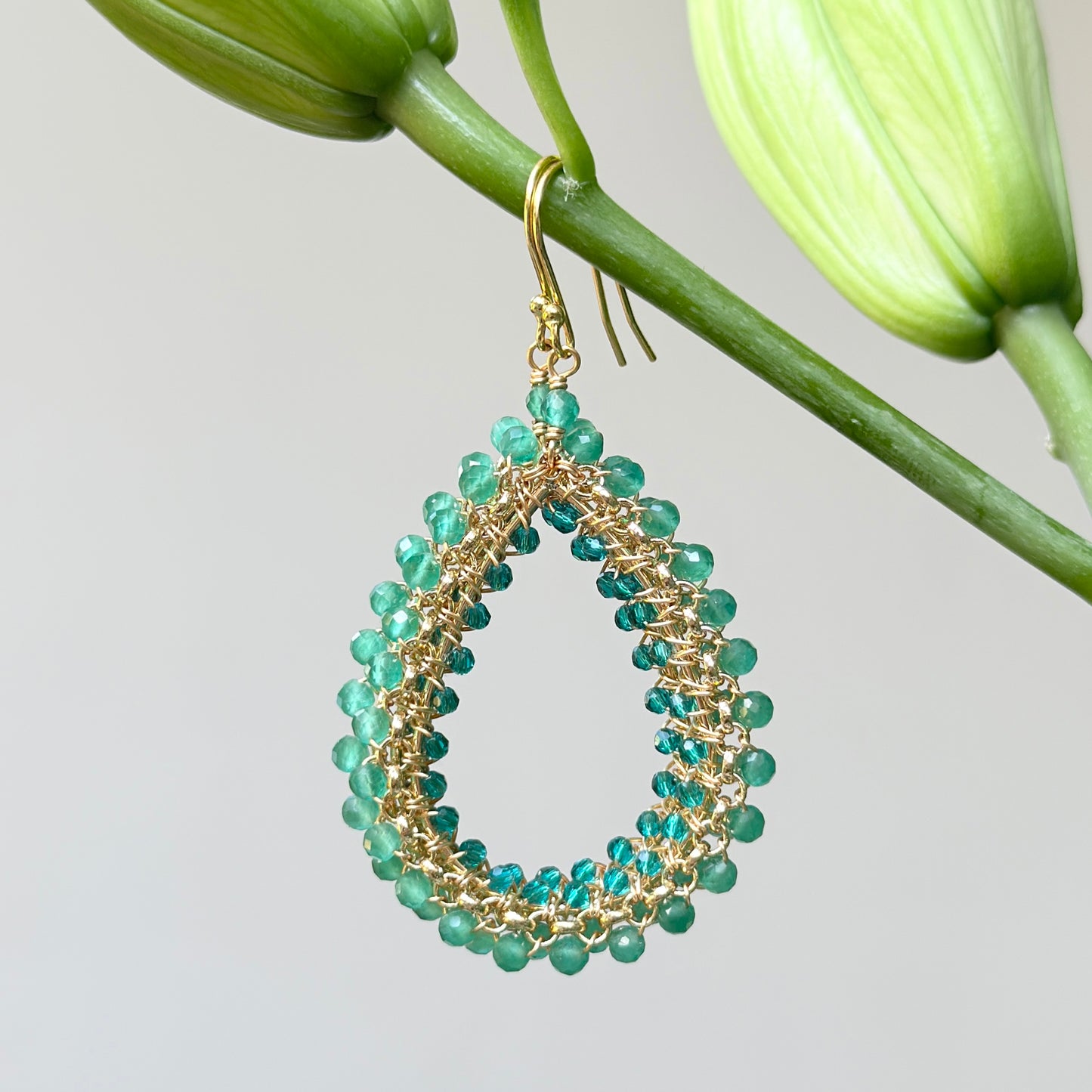 Apple Green Jade & Teal Quartz Large Rolo Teardrop Beaded Earrings