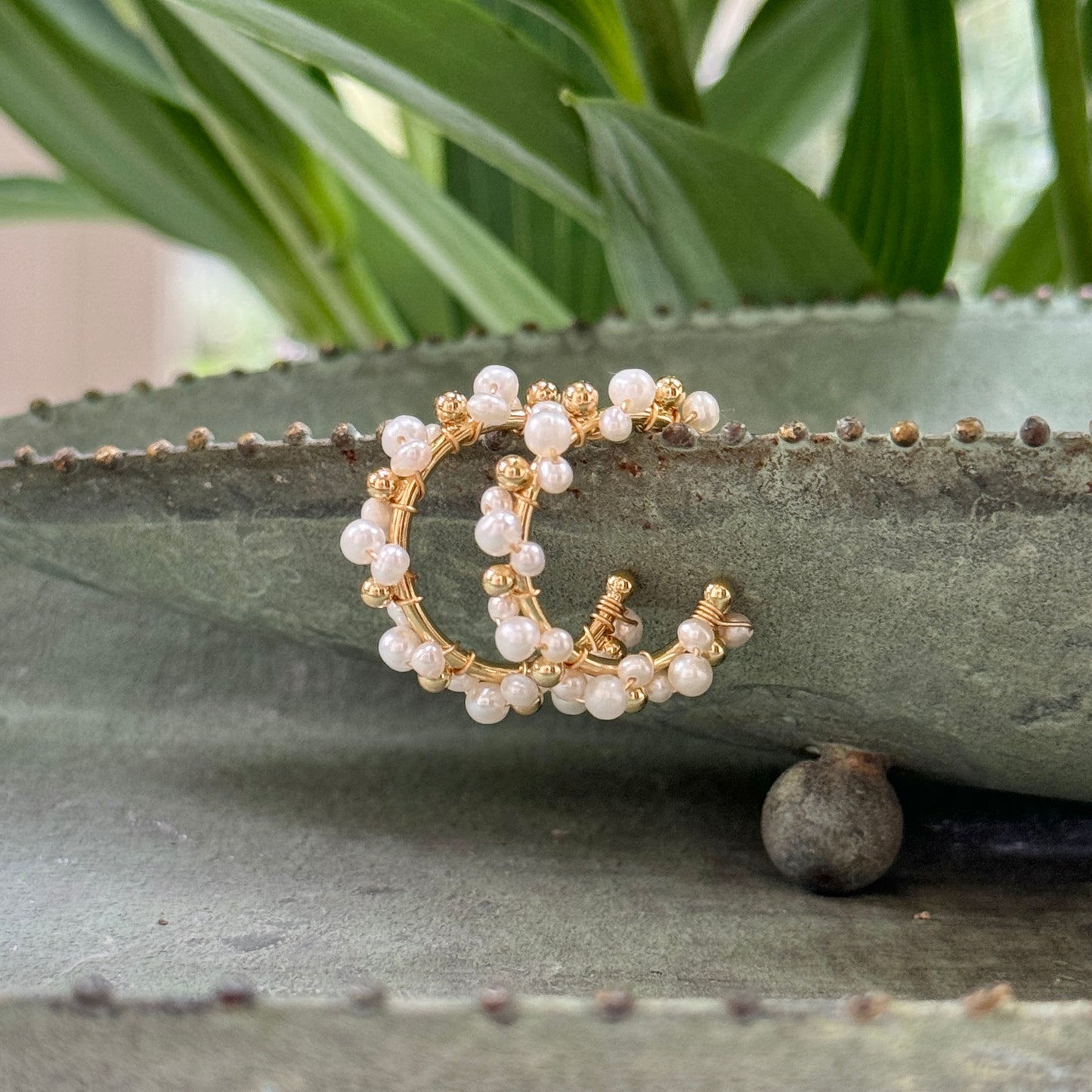 Pearl & Pearl Mini Bobble Hoop Beaded Earrings