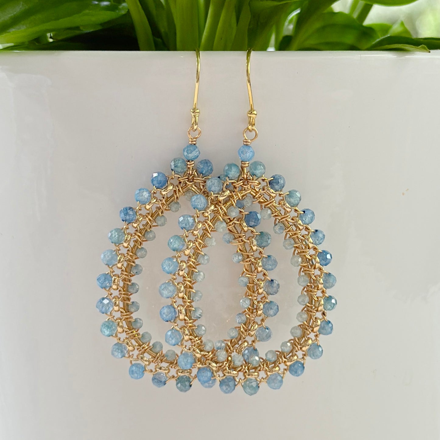 Cornflower Blue Azurite & Powder Blue Quartz Large Rolo Teardrop Beaded Earrings