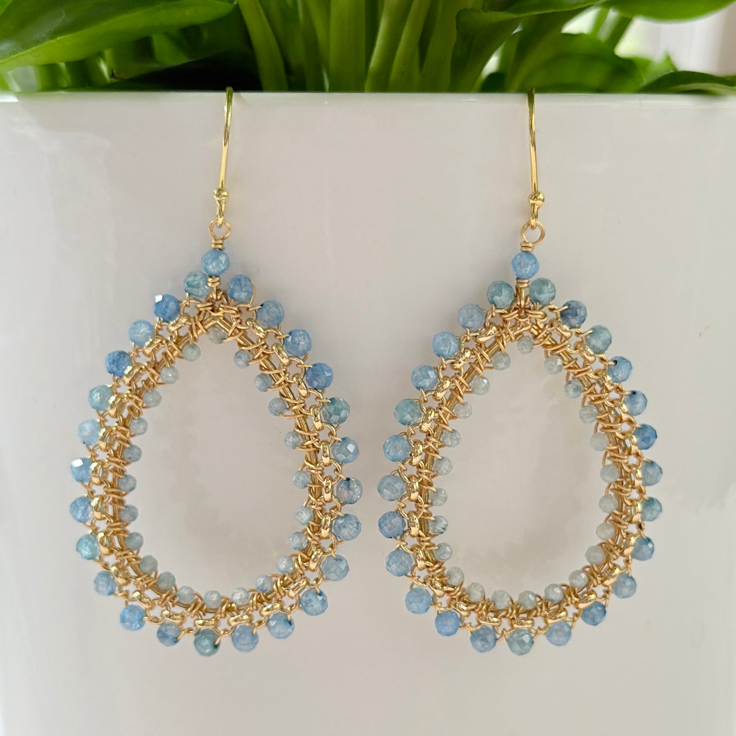 Cornflower Blue Azurite & Powder Blue Quartz Large Rolo Teardrop Beaded Earrings
