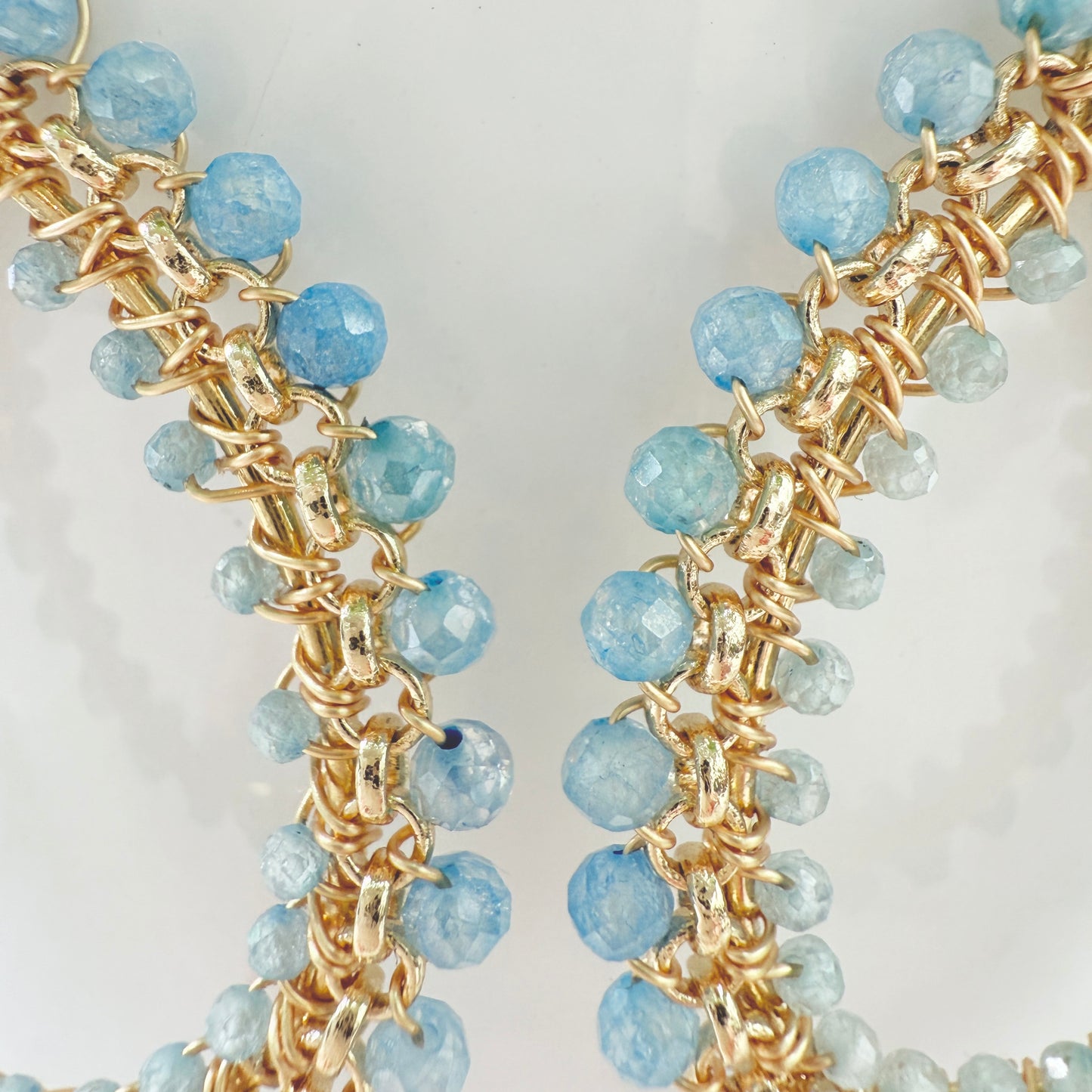 Cornflower Blue Azurite & Powder Blue Quartz Large Rolo Teardrop Beaded Earrings