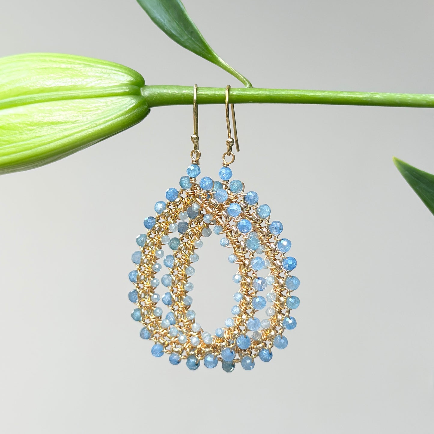 Cornflower Blue Azurite & Powder Blue Quartz Large Rolo Teardrop Beaded Earrings