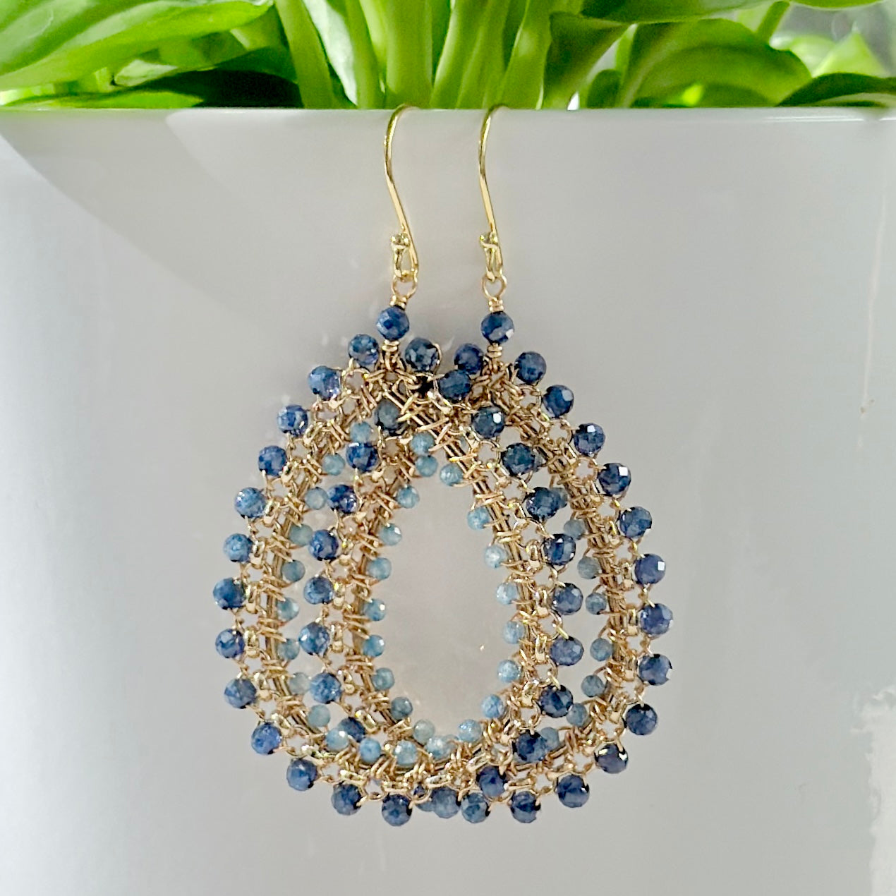 Royal Blue Azurite & Cornflower Kyanite Large Rolo Teardrop Beaded Earrings