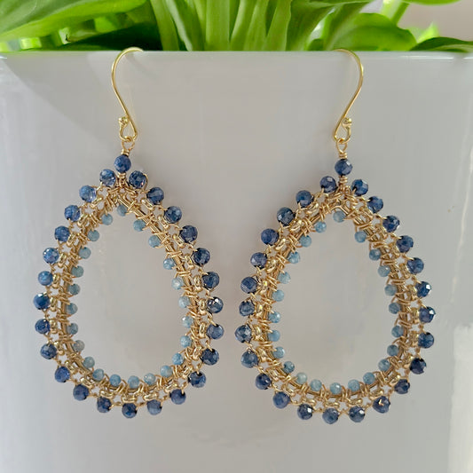 Royal Blue Azurite & Cornflower Kyanite Large Rolo Teardrop Beaded Earrings