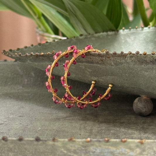 Fuchsia Pink & Candy Pink Garnet Swirl Midi Hoop Beaded Earrings