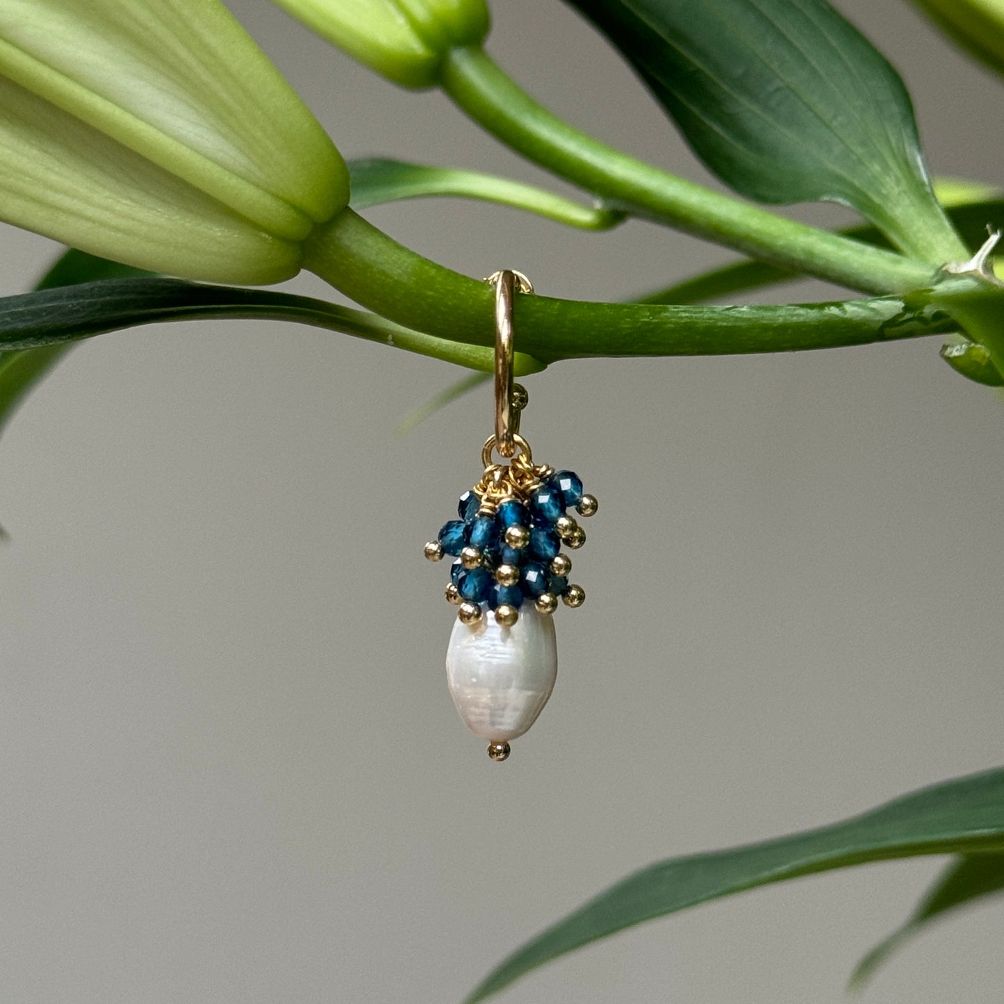 Mini Hoop Earrings With Ibiza Pearl & Topaz Blue Azurite Drops