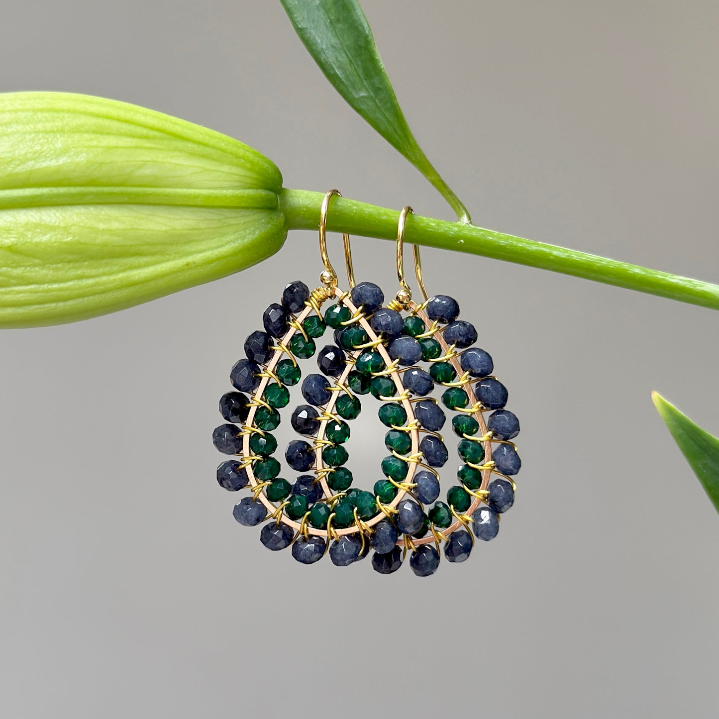 Dark Blue Agate & Emerald Green Agate Big Bead Double Teardrop Earrings