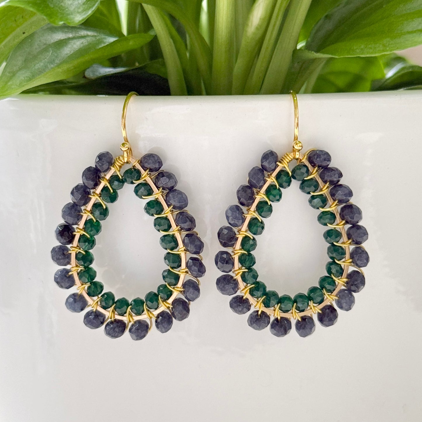Dark Blue Agate & Emerald Green Agate Big Bead Double Teardrop Earrings