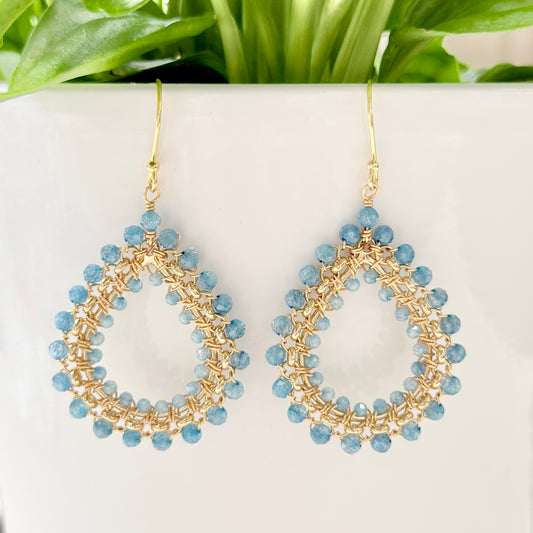 Cornflower Blue Azurite & Powder Blue Quartz Medium Rolo Teardrop Beaded Earrings