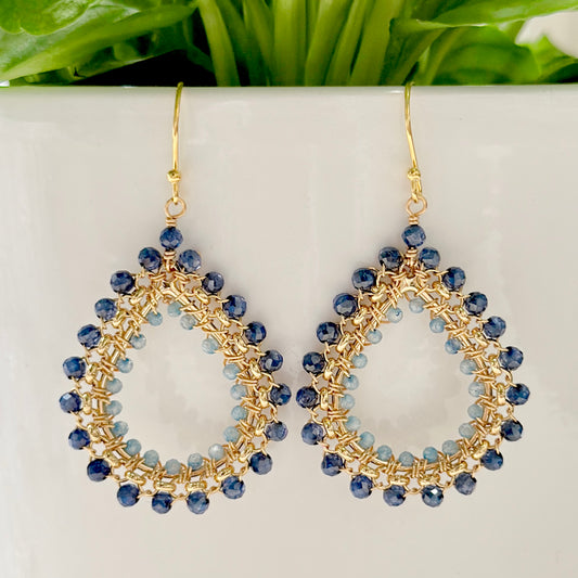 Royal Blue Azurite & Cornflower Blue Kyanite Medium Rolo Teardrop Beaded Earrings