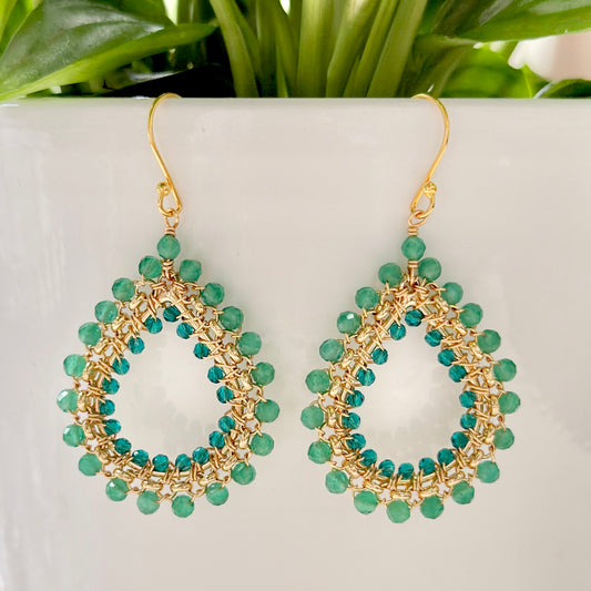 Apple Green Jade & Teal Quartz Medium Rolo Teardrop Beaded Earrings