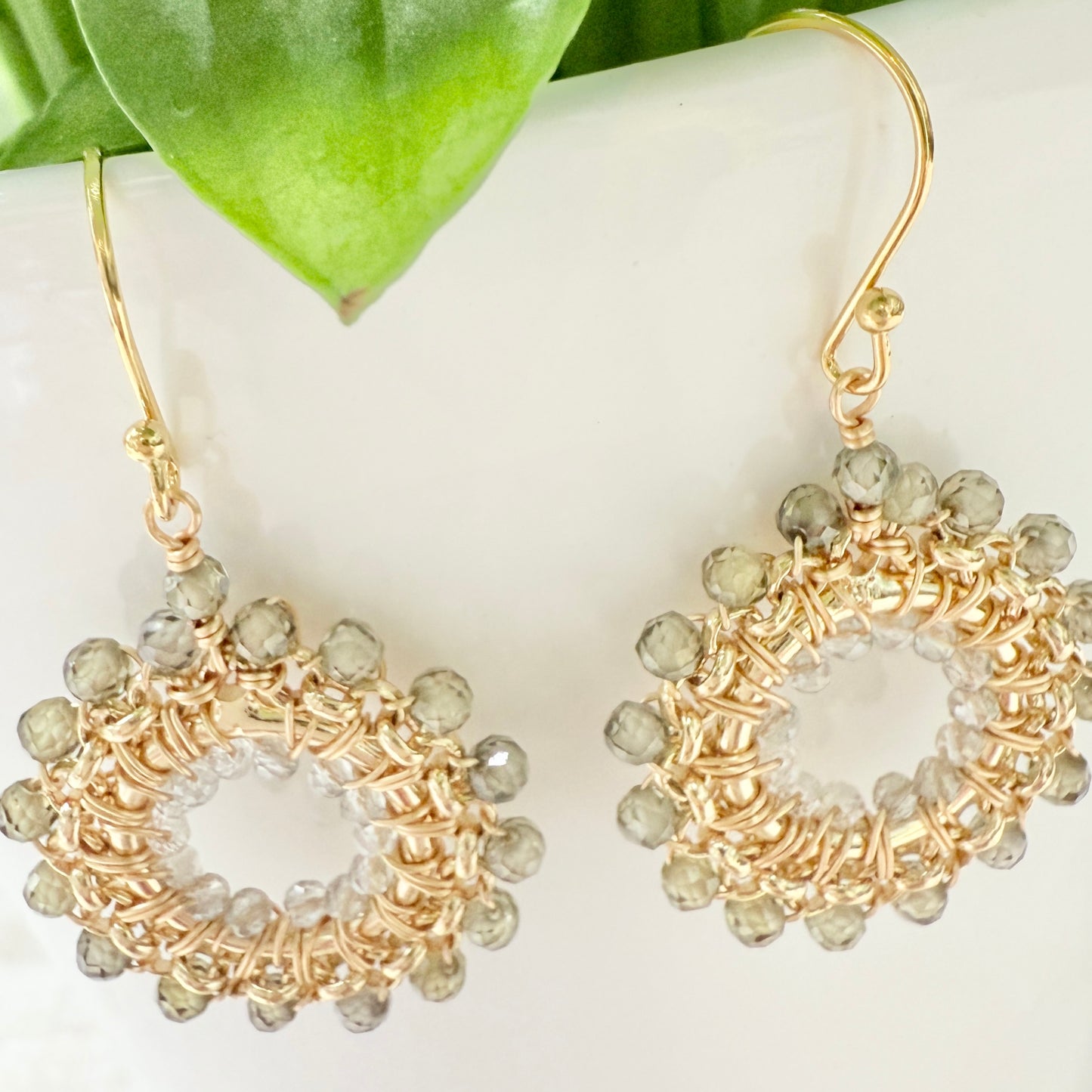 Sage Green Agate & Crystal Rolo Round Beaded Earrings