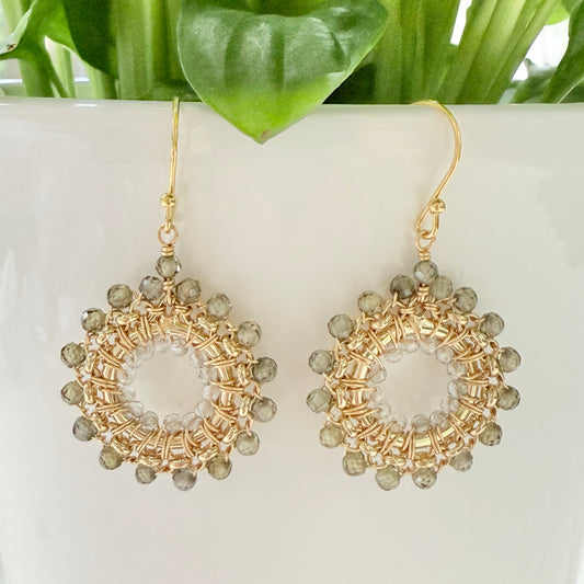 Sage Green Agate & Crystal Rolo Round Beaded Earrings