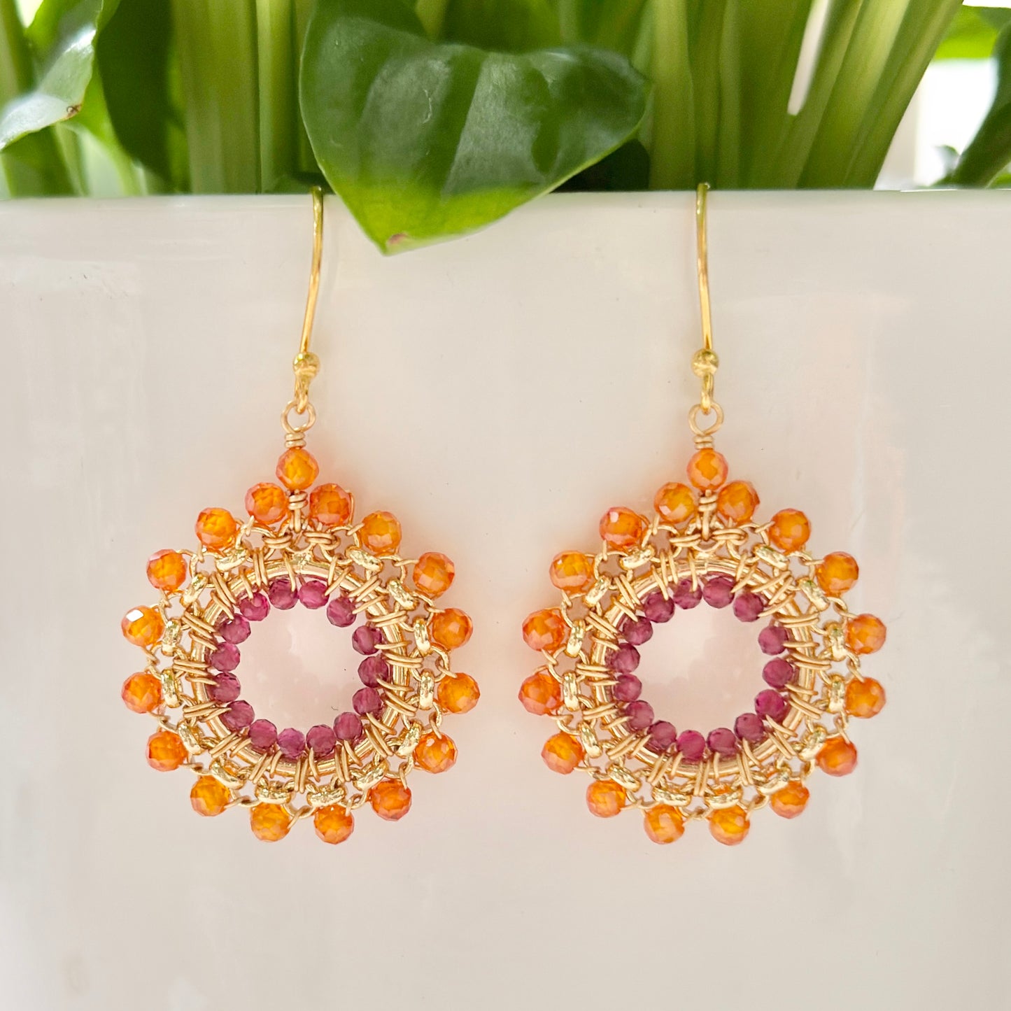 Orange Carnelian & Fuchsia Pink Garnet Rolo Round Beaded Earrings