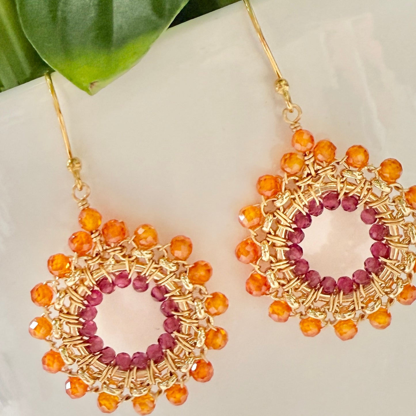 Orange Carnelian & Fuchsia Pink Garnet Rolo Round Beaded Earrings